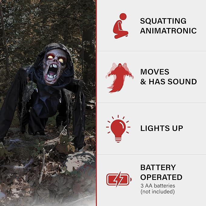 Haunted Hill Farm Scary Crouching Zombie, Halloween Animatronic with Touch Activated Lights and Sounds, Battery Operated Indoor or Covered Outdoor Halloween Decorations, Creepy Halloween Props