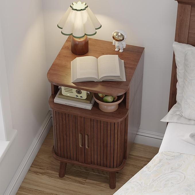 Alohappy Mid Century Modern End Table with Sliding Tambour Door, Fluted Wood Nightstand, Curved Round Edge Side Table with Storage Cabinet for Bedroom, Living Room, Walnut