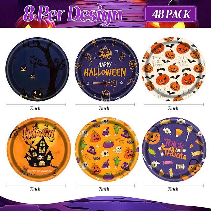48 PCS Halloween Paper Plates 7 inch, Bat Castle Skull Pumpkin Party Plates Disposable Cake Dessert Plate for Halloween Party Decorations