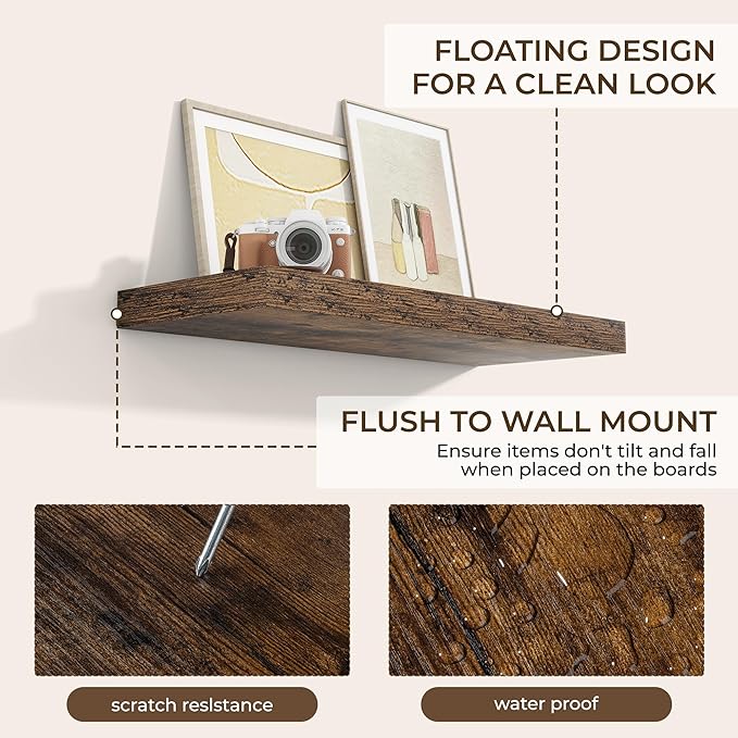 RICHFOCUS 31.5Inch Floating Shelves for Wall 2 Pack Shelves for Bedroom|Kitchen|Bathroom Wall Mounted Rustic Wood Floating Shelf with Invisible Brackets for Books|Storage|Decor, Rustic Brown