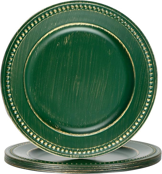 Vintage Charger Plates Set of 6, Beaded Charger & Service Plate, Plastic Charger Plate Set Bulk Wedding Easter, Event, Holiday, Elegant Table Setting Centerpieces, Hunter Green