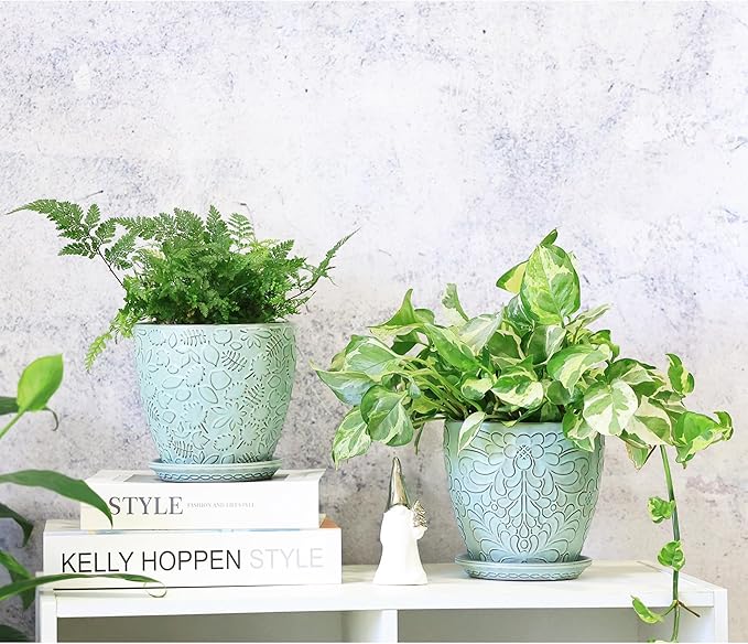 6 Inch Retro Ceramic Planter Set of 2 with Drainage Hole and Saucer for Plants, Indoor-Outdoor Garden Pots for Succulent, Orchid, and Flower (Fits Inner Pots Up to 5 Inches, Retro Green)