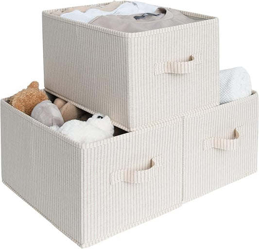 StorageWorks Storage Baskets for Shelves, Foldable Fabric Closet Storage Bins with Handles, Fabric Storage Bins Clothes Organizer, Beige Stripes, 3-Pack, Large