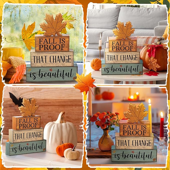 4 Pcs Fall Decoration for Home Wooden Maple Leaf Fall Tiered Tray Decor Thanksgiving Table Centerpiece Rustic Decorative Maple Leaf Block Signs Farmhouse Autumn Decoration for Home Kitchen