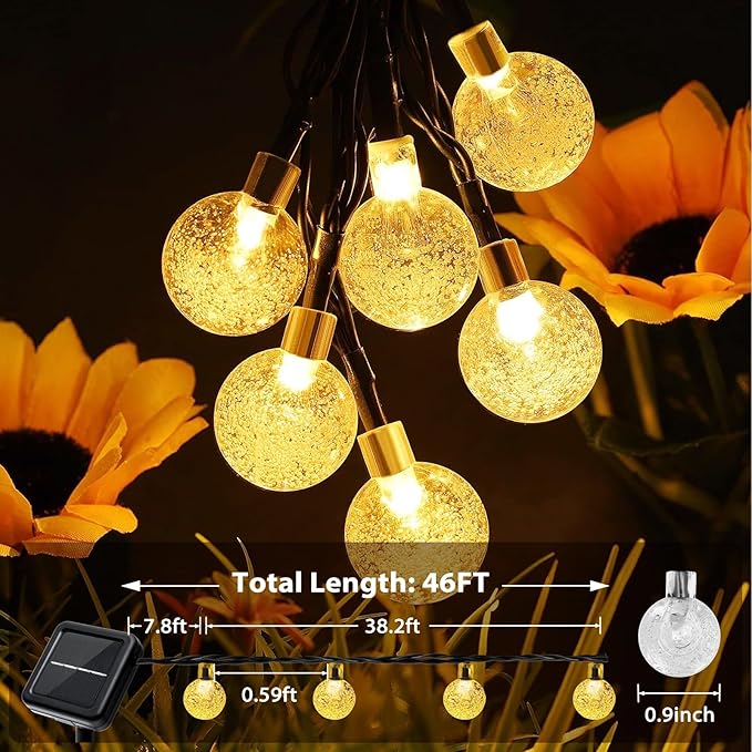 Outdoor Solar String Lights, 2x46FT 66LED 8Modes Crystal Solar Powered Christmas Fairy String Lights Waterproof for Outside Yard Fence Easter Holiday Party Garden Decor 2Pack(Warm White)