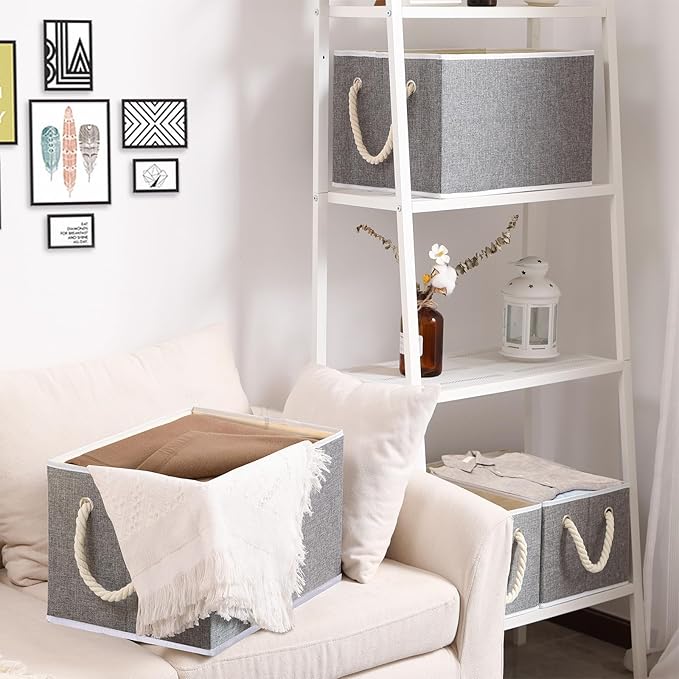 Yawinhe Foldable Storage Basket 5-Pack, Large Fabric Bins with Rope Handle, Used for Organizing Shelves, Closets, Clothes, 12.99''Lx9.05''Wx7.87''H, Grey
