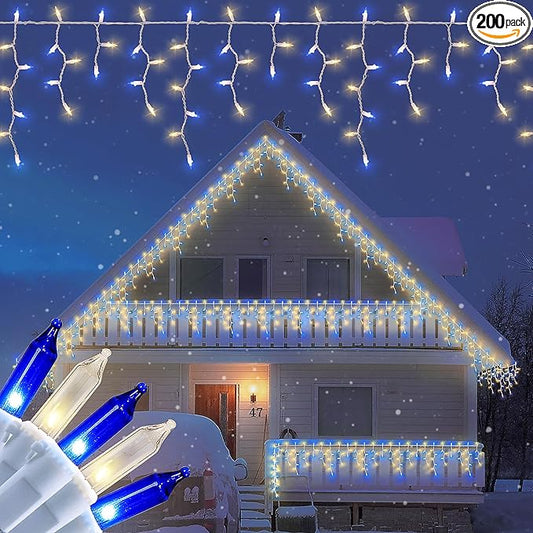 200ct Blue&Clear Mini Icicle Christmas Lights, 23FT White Wire Incandescent Bulb String Lights, Connectable Indoor Outdoor for Eaves, Window, Curtain, Party, Wedding