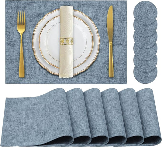 Faux Leather Placemats Set of 6,Heat Resistant Placemats for Dining Table, Easy Clean Non-Slip Place Mats, Waterproof Stain Resistant Wipeable Washable PU Table Mats, (Blue)