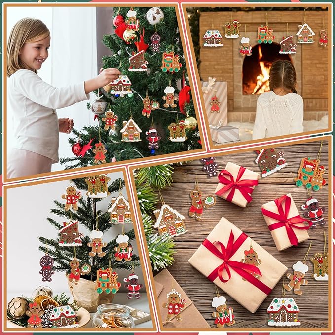 24pcs Gingerbread Man Ornaments for Christmas Tree, Assorted Gingerbread Figurines Decorations with Gingerbreads House Ornaments for Holiday Christmas Tree Home Decor