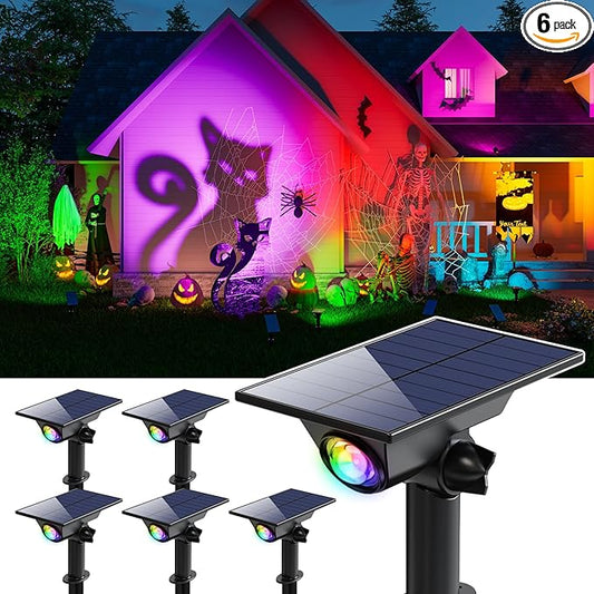 6 Pack Color Changing Solar Power Spot Lights for Halloween Decorations, Skeletons, Tombstones, Ghost, Outdoor Waterproof LED Landscape Spotlight Lamp for Outside Yard, Tree, Flag, Garden, Statues