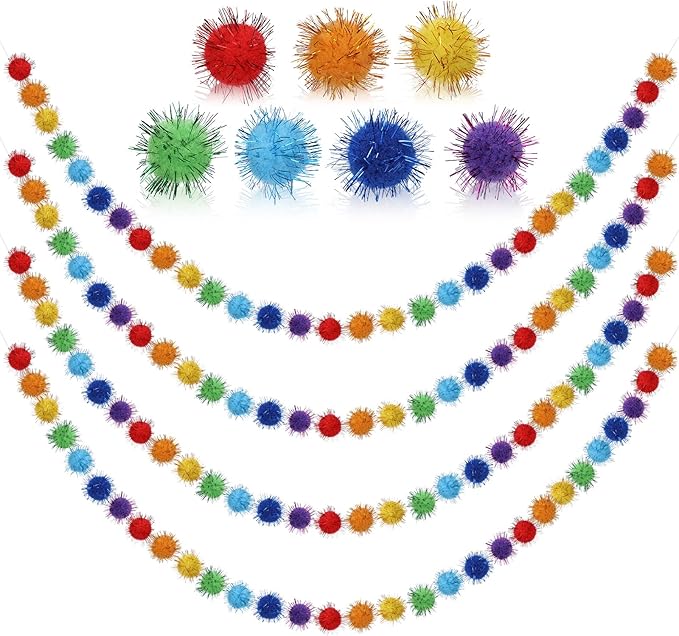 4pack Rainbow Glitter Pom Pom Garland Decorations, Christmas Felt Ball Garland for Mantle, Indoor Home Decor, Tree Ornaments, Kids Room and Party Hanging