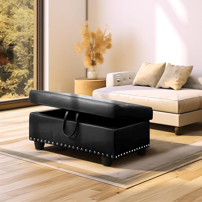 Ottoman Rectangular Storage Ottoman Bench, Faux Leather Footrest, Coffee Table, Stool Footstool with Hinged Lid for Living Room, Bedroom, Entryway, Black, 28.5"x19"x17.5"