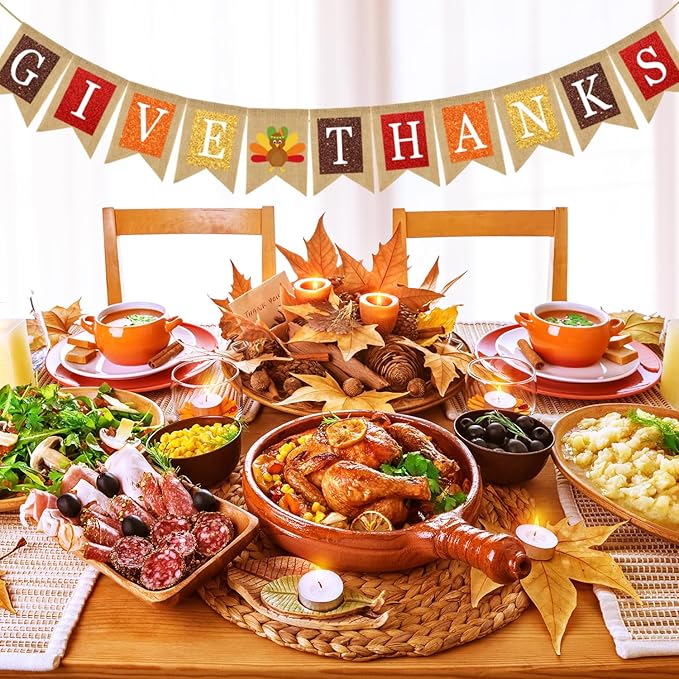 Doumeny 2Pcs Give Thanks Burlap Banner Turkey Paper Hanging Banner Thankful Bunting Garland with Turkey Thanksgiving Fall Party Garland Autumn Harvest Bunting Flag for Mantel Fireplace Farmhouse Decor