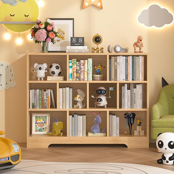 Book Shelf, 10 Cubes Storage Organizer, 3-Tier Open Shelf Wooden Bookcase, Freestanding Wooden Bookshelf Cube Shelf for Bedroom, Living Room