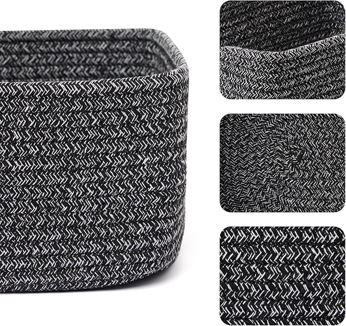 Small Storage Baskets for Organizing | Closet Organizer Bins | Shelf Toy Basket | Woven Rope Baskets | Cube Decorative Box | Shallow Basket | 11.5x7.5x4.7” | 4 Packs Dark Gray
