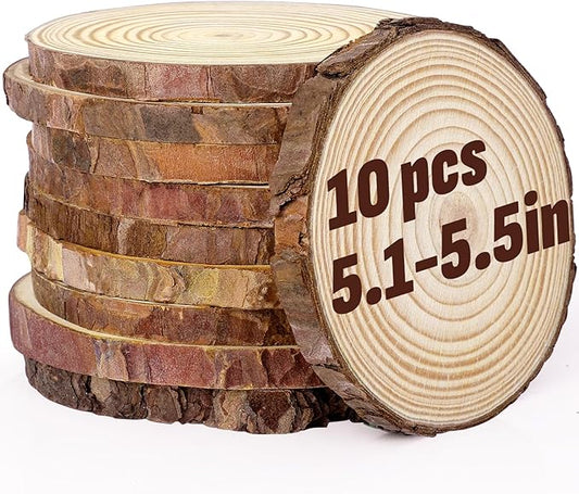 FUMILE Unfinished Natural Wood Slices 5.1-5.5 Inch, 10 PCS Round Wooden Discs with Tree Bark, Wood Slices for Centerpieces for Handmade Crafts, Wood Circles for Rustic Wedding Decoration