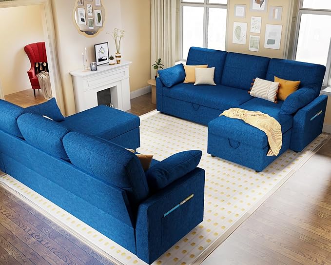 VanAcc Sleeper Sofa - 2 in 1 Pull Out Couch Bed with Storage Chaise for Living Room, Linen Blue