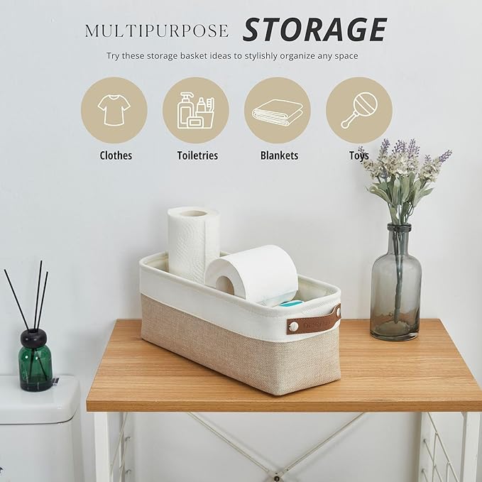 DECOMOMO Narrow Storage Bins Small Baskets for Organizing Bathroom, Toilet Tank, Towel Storage, Entryway, Gifts (Beige and White - Set of 4)