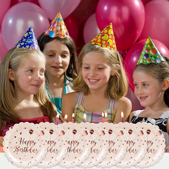 50PCS Pink Rose Birthday Paper Plates - 7 Inch Happy Birthday Cake Plates Scalloped Pink Dessert Plate Disposable Party Tableware Set for Girls Women Birthday's Party Supplies Decorations