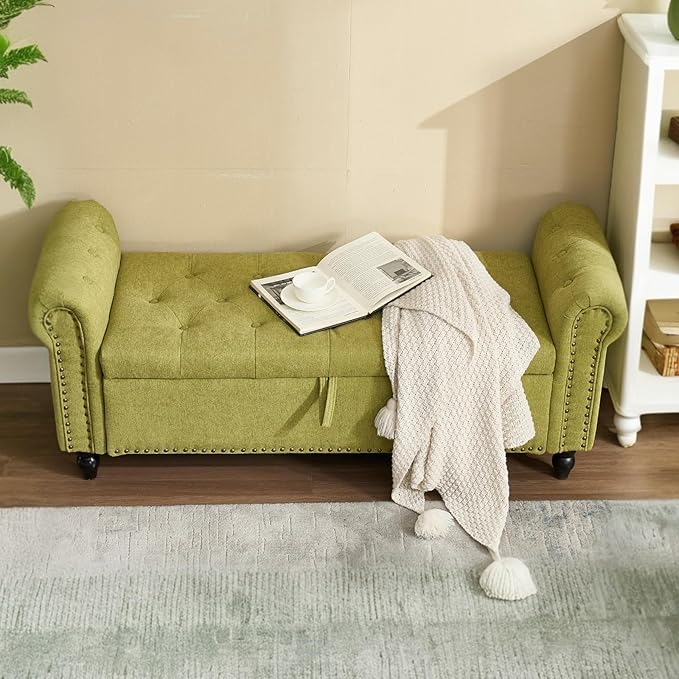 Furniliving 55” End of Bed Bench, Bedroom Bench with Button-Tufted, Large Upholstered Storage Ottoman Benches Entryway Bench with Storage Shoe Cabinet Bench, for Bedroom, Living Room, Linen, Green