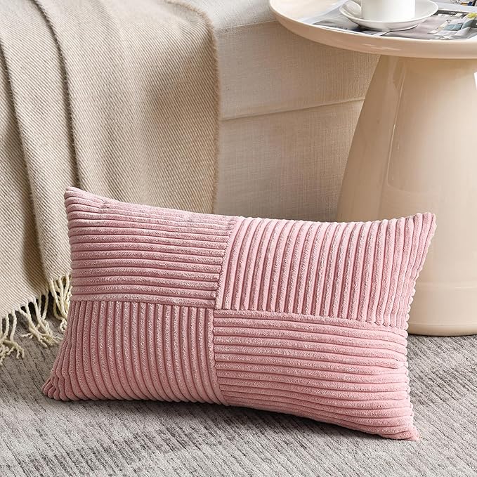 Fancy Homi 2 Packs Blush Pink Long Lumbar Decorative Throw Pillow Covers 16x24 Inch for Couch Bed Sofa, Rustic Farmhouse Boho Home Decor, Soft Striped Corduroy Rectangle Accent Cushion Case 40x60 cm