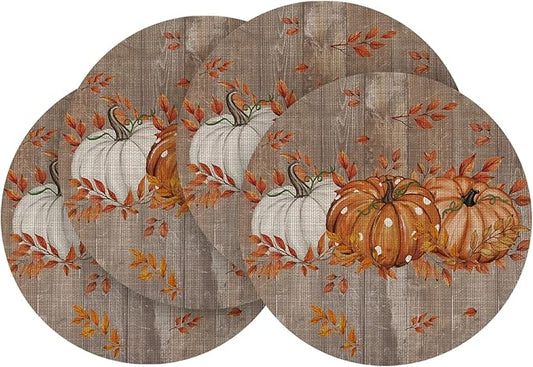 Artoid Mode Maple Leaves Pumpkins Plastic Round Fall Placemats Set of 4, 14 Inch Wipeable Woven Vinyl Table Mats for Farmhouse Party Kitchen Dining Decor