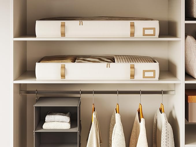 Vailando Under Bed Storage Containers, Foldable Storage Bins for Blankets, Comforter, and Seasonal Clothing, 6 Inches Tall, Beige with Brown Leather Handles, 2-Pack