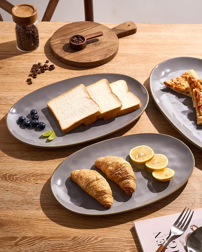 famiware Serving Platter, Oval 15.59/14.3/12.9 inch Serving Dishes for Entertaining, Serving Bowls, Microwave Safe, Fine Stonware Serving Trays for Party, Turkey, Cheese, Ocean Series, Dark Grey