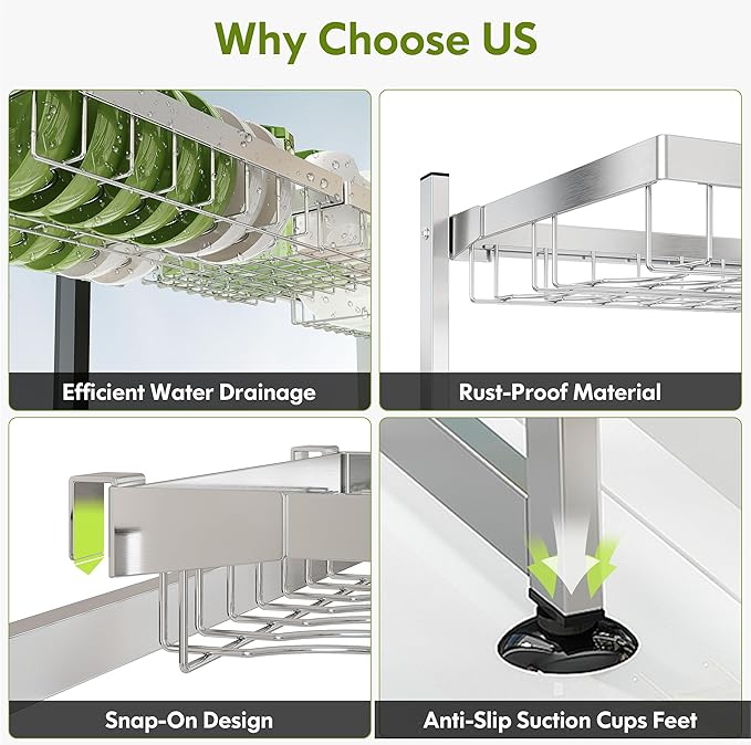 2 Tier Extra Large Stainless Steel Expandable Over The Sink Dish Drainer Drying Rack, Rust Proof Metal, Space Saving, Modern Silver Big Capacity Extendable Plate Strainers Above Kitchen Counter