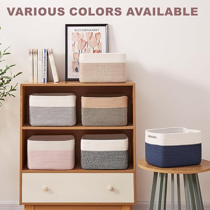 OIAHOMY 4 Pack Storage Baskets for Organizing, Basket for Shelves with Handle, Woven Baskets for Storage Toys, Towels, Books, Cotton Rope Basket 13" L x 9 " W x 7.8 " H, Grey & White