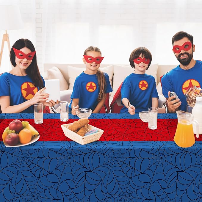 6Pcs Spider Web Themed Birthday Party Tablecloth Decorations,Blue Hero Plastic Table Cover with Red Runner Disposable Rectangle Table Cloth for Baby Shower Kids Boy Birthday Party Supplies,54x108 Inch