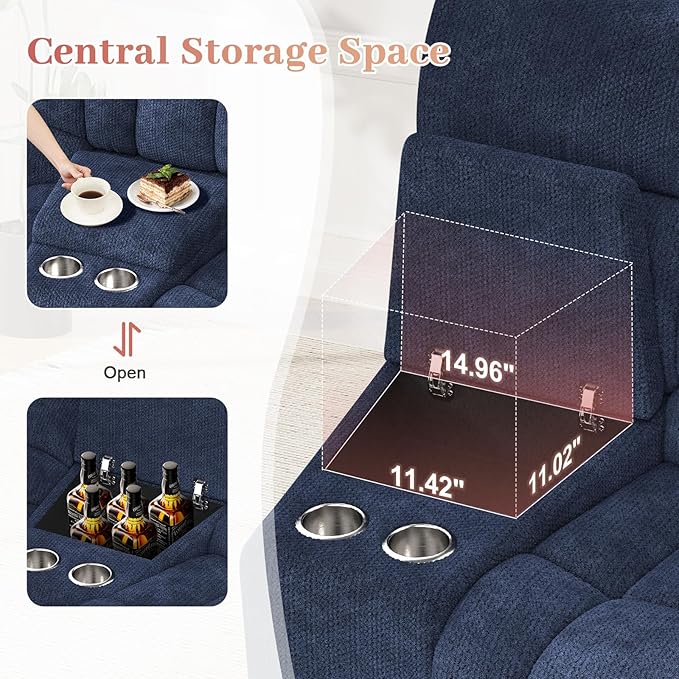 Recliner Sofa Set with 2+1+1 Pieces, Fabric Manual Pull Tab Reclining Loveseat with Storage Console, Single Recliner Chair for Living Room, RV, Blue