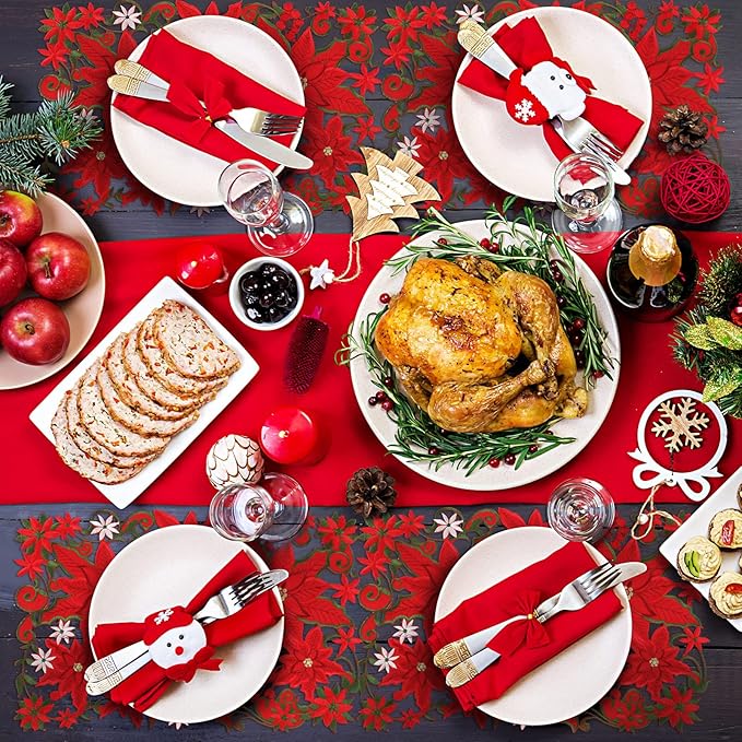 6 Pcs Embroidered Christmas Placemats - Holiday Applique Poinsettia Red Placemats - 11 x 17 Inch