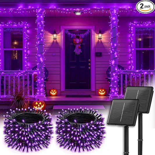 Brightown 2 Pack Halloween Solar String Lights Outdoor, Total 144Ft 400 LED Twinkle Fairy Lights Waterproof with 8 Modes Auto On/Off for Patio Tree Garden Party Home Decorations (Purple)