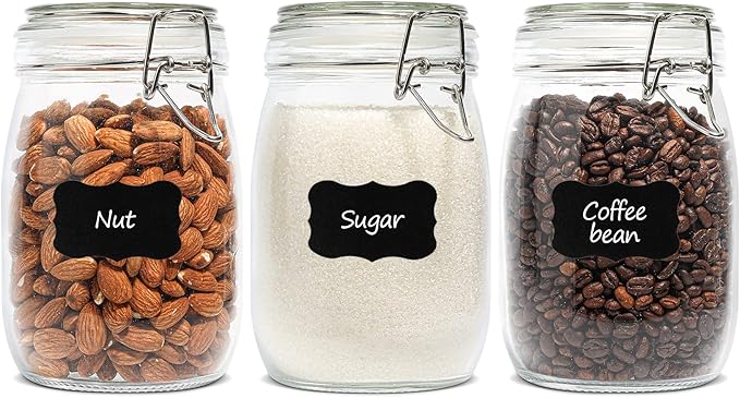 ComSaf Airtight Glass Canister Set of 3 with Lids 34oz Food Storage Jar Round - Storage Container with Clear Preserving Seal Wire Clip Fastening for Kitchen Canning Cereal,Pasta,Sugar,Beans,Spice