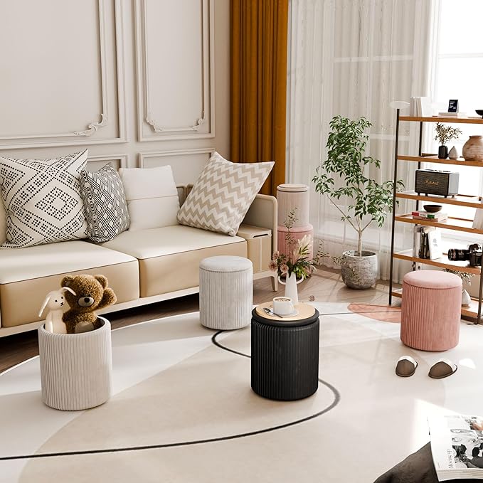 Ottoman with Storage Set of 2, Velvet Storage Ottoman, Upholstered Sponge Vanity Stool Support 300lbs, Multifunctional Coffee Table Foot Rest Ottomans for Living Room Bedroom, White