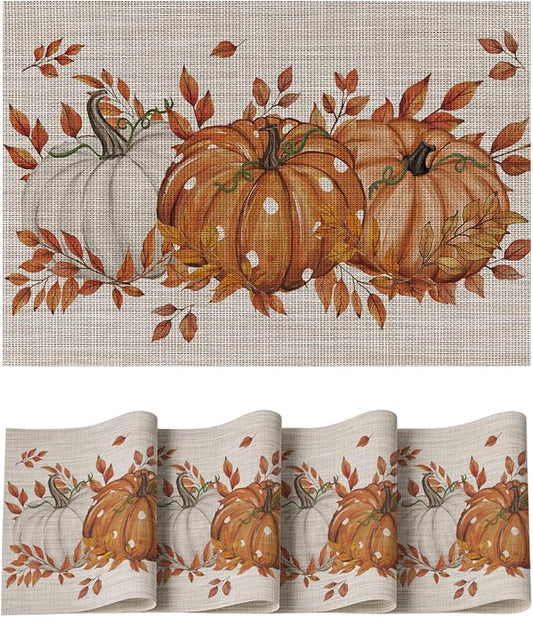 Artoid Mode Pumpkins Leaves Fall Vinyl Placemats Set of 4, Wipeable Colorful Printing PVC Place Mats for Party Kitchen Dining Decor, Beige