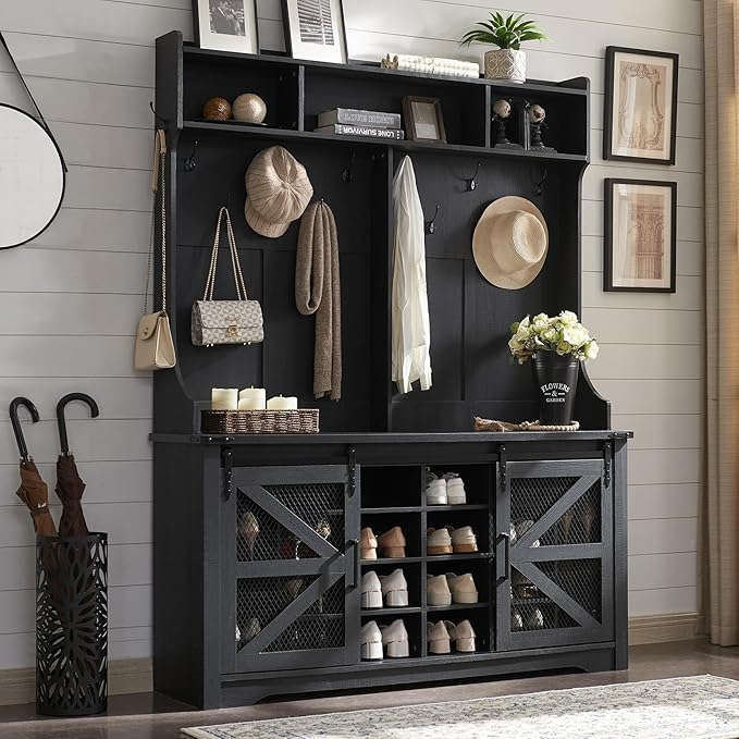 JXQTLINGMU 59" Farmhouse Hall Tree with Shoe Storage, Entryway Bench with 20 Cubbies, 12 Hooks & Sliding Barn Doors, Mudroom Coat Rack Cabinet, Black