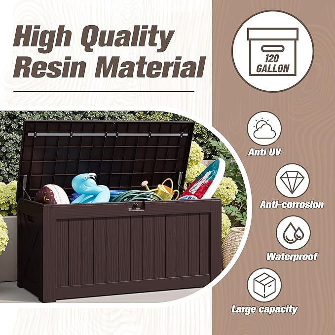 JUMMICO 120 Gallon Resin Deck Box, Large Outdoor Storage Box Waterproof & Lockable for Garden, Patio, Pools (Deep Brown)