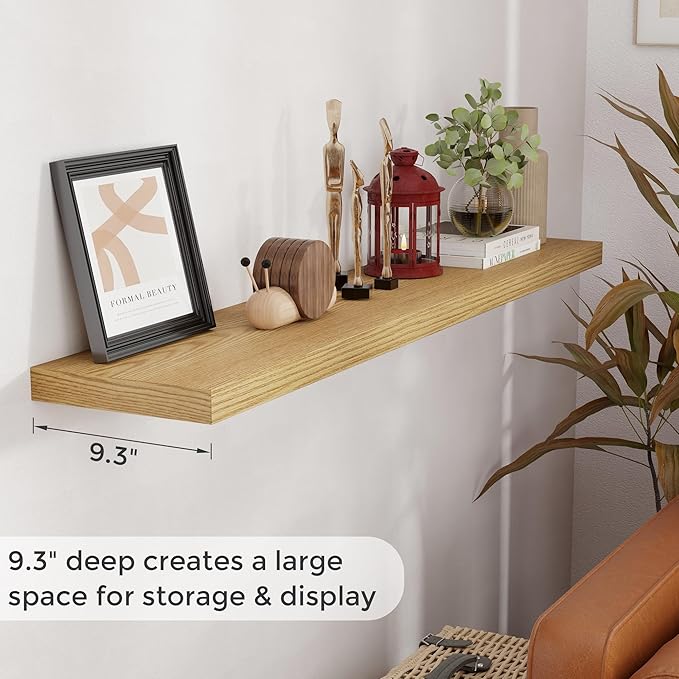 55 Inch Floating Shelves Set of 2, Rustic 55 x 9 Floating Shelf for Wall, 9 Inch Deep Wall Shelves Invisible Bracket, Large Deep Shelving for Bedroom, Kicten, Living Room, Oak Color