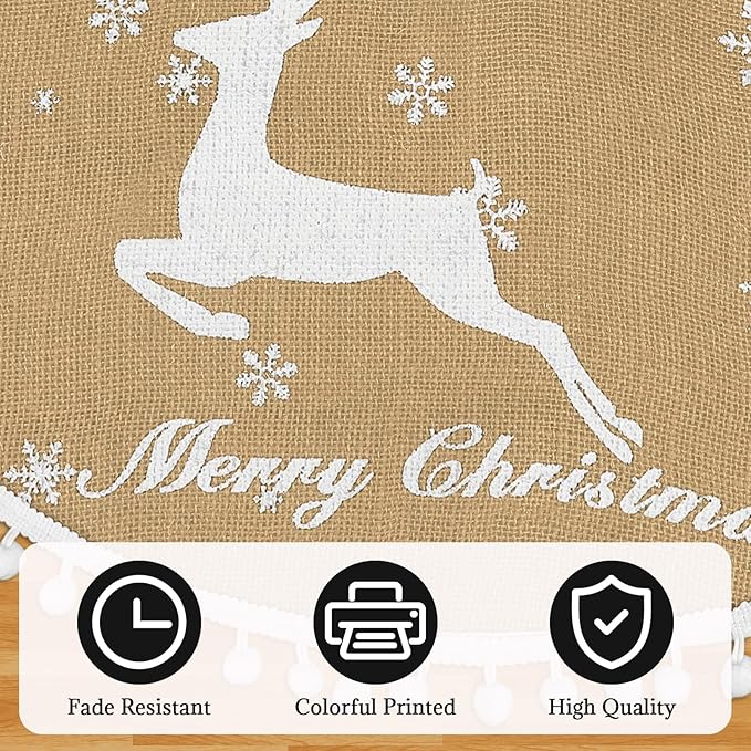 30 Inch Christmas Tree Skirt, Burlap Linen Color Christmas Rustic Tree Skirt with Elk Deer and White Snowflake Printed for Holiday Party Xmas Tree Decoration