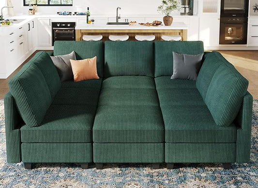 Belffin Corduroy Modular Sectional Sofa 9 Seat Convertible Sectional Sleeper Sofa Bed with Storage Ottomans Modular Sectional Couch Bed for Living Room Green