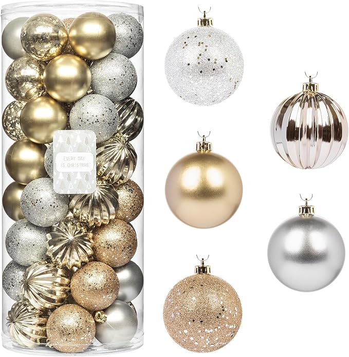 Every Day is Christmas Ornaments, Shatterproof Christmas Tree Ornament Set, Christmas Balls Decoration 50 Count (2.24"/57mm, Gold Silver)