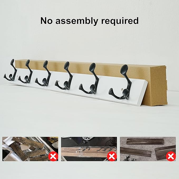 SKOLOO 39-Inch White Wood Coat Rack Wall Mount with 6 Triple Hooks - Ideal for Family Entrances, Classrooms, and Pet Supplies Storage - Perfect Coat Hooks for Wall