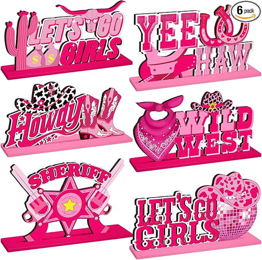 6 Pcs Disco Cowgirl Party Decorations Pink Let's Go Girls Bachelorette Table Decorations Western Cowgirl Wooden Centerpieces for Last Disco Birthday Western Rodeo Party Supplies