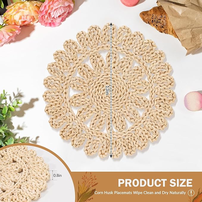 GENMOUS 13" Round Woven Placemats Set of 12, Corn Husk Natural Braided Table Place Mats, Boho Rattan Wicker Charger Plates for Home Farmhouse Wedding Thanksgiving Christmas Spring Holiday