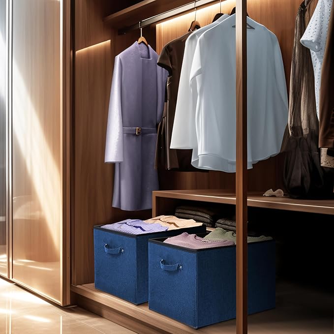 SIMPLE HOUSEWARE 15 x 13 Inch Collapsible Fabric Storage Bin with Handles, 2 Pack, Steel Blue