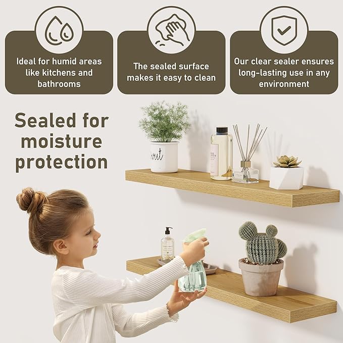 Fun Memories Floating Shelves Wall Shelf 24 inches Long, Farmhouse Bathroom Shelves Bedroom Kitchen Living Room Shelf Wall Mounted, 24 x 6.7 x 1.4 inch Set of 3, Oak Color