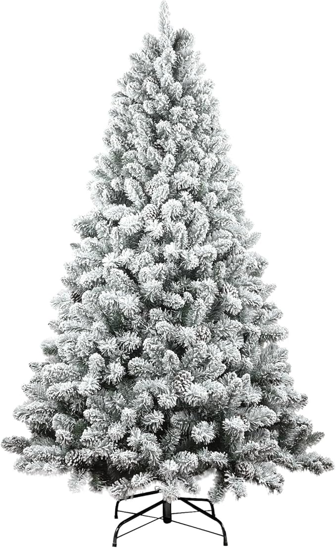 6ft Snow Flocked Christmas Tree, Unlit Artificial Holiday Christmas Pine Tree, Hinged Xmas Tree with Pine Cone, Full Appearance Snowy w/Easy Assembly, Metal Stand