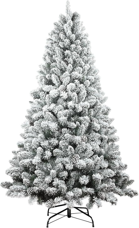 6ft Snow Flocked Christmas Tree, Unlit Artificial Holiday Christmas Pine Tree, Hinged Xmas Tree with Pine Cone, Full Appearance Snowy w/Easy Assembly, Metal Stand